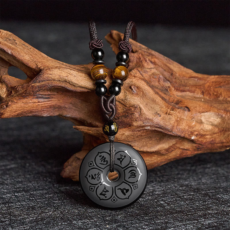 Buddha Stones Collier tressé gravé avec boucle de protection en obsidienne noire et boucle de paix - Om Mani Padme Hum (Amour ♥ Sagesse) - image 0