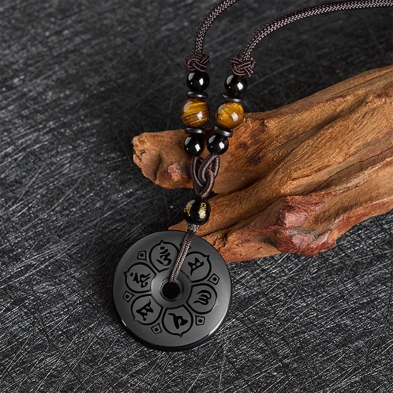 Buddha Stones Collier tressé gravé avec boucle de protection en obsidienne noire et boucle de paix - image 1