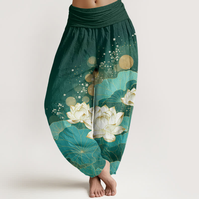 Buddha Stones Pantalon harem pour femme en coton à motif de feuilles de lotus orientales et taille élastique - Vert foncé - US16，UK/AU20，EU48 (3XL) - image 0