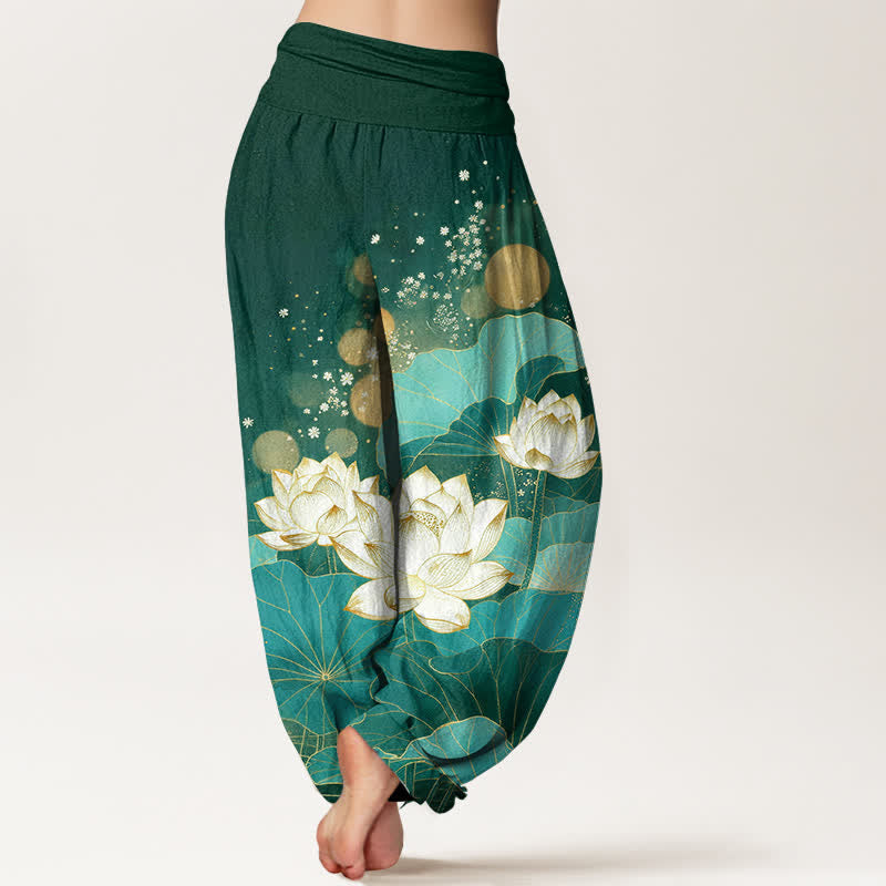 Buddha Stones Pantalon harem pour femme en coton à motif de feuilles de lotus orientales et taille élastique - image 1