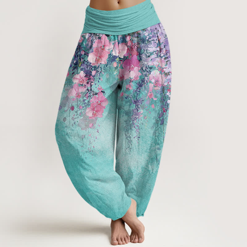 Buddha Stones Pantalon harem à taille élastique pour femme, en coton à motif floral artistique, - Turquoise moyen - US16，UK/AU20，EU48 (3XL) - image 0