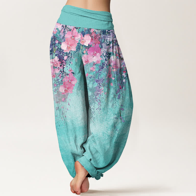 Buddha Stones Pantalon harem à taille élastique pour femme, en coton à motif floral artistique, - image 1