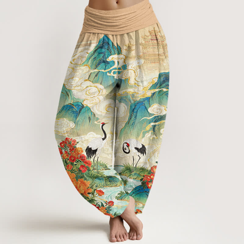 Buddha Stones Pantalon harem à taille élastique pour femme, motif floral Crane Stream en coton - Blé - US16，UK/AU20，EU48 (3XL) - image 0