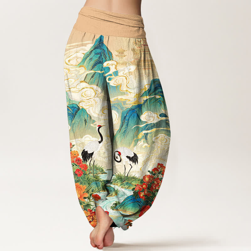Buddha Stones Pantalon harem à taille élastique pour femme, motif floral Crane Stream en coton - image 1