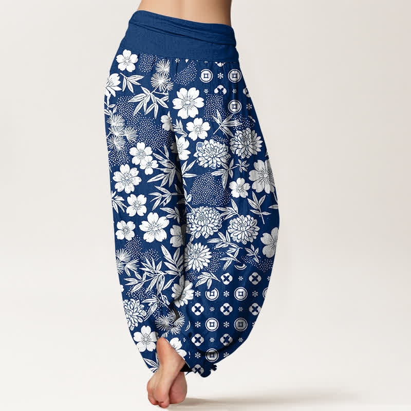 Buddha Stones Pantalon harem bohème en coton à motif floral géométrique et pièces de monnaie, taille élastique - image 1