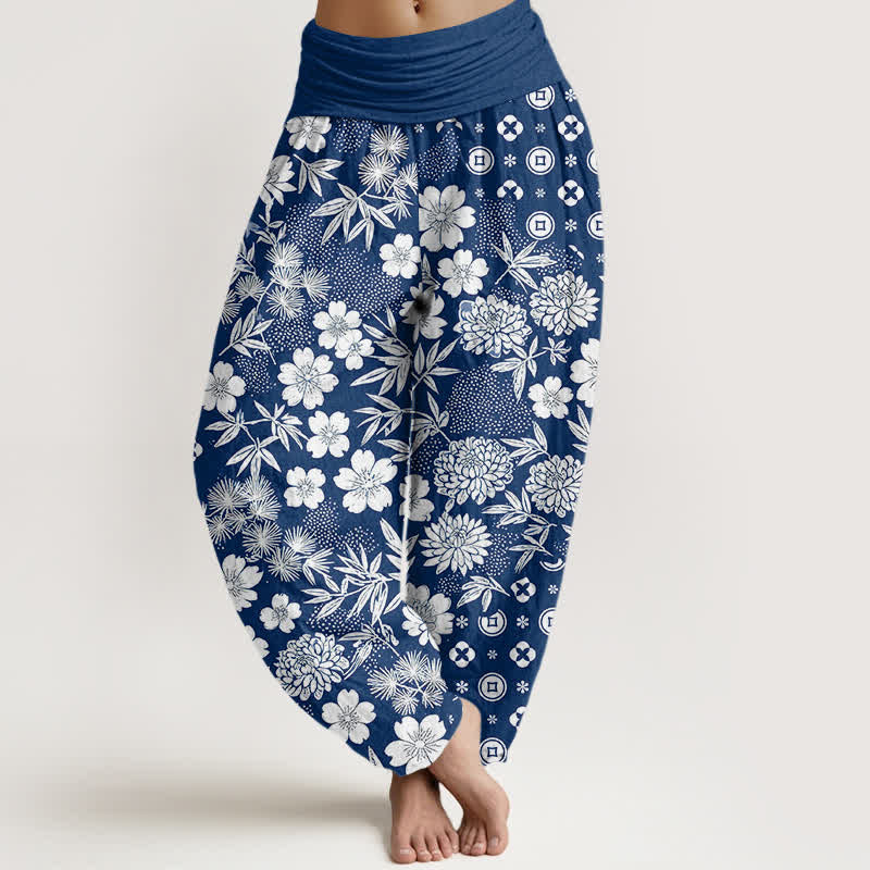 Buddha Stones Pantalon harem bohème en coton à motif floral géométrique et pièces de monnaie, taille élastique - Marine - US16，UK/AU20，EU48 (3XL) - image 0