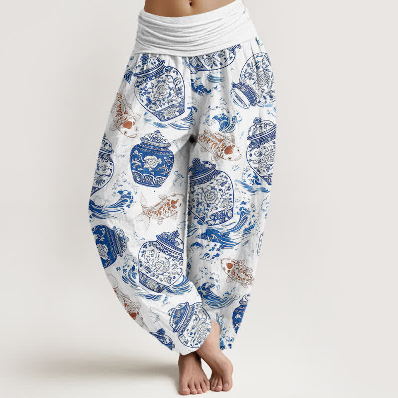 Buddha Stones Pantalon harem à taille élastique pour femme, en coton bleu et blanc, à motif floral et carpes koï. - Blanc - US16，UK/AU20，EU48 (3XL) - image 0