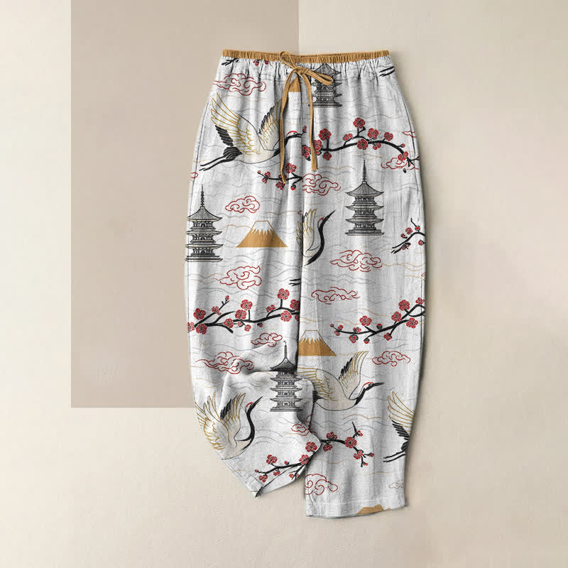 Buddha Stones Pantalon pour femme en pur coton, motif grue des montagnes sereine, taille élastique et poches - FloralWhite - US16，UK/AU20，EU48 (3XL) - image 0