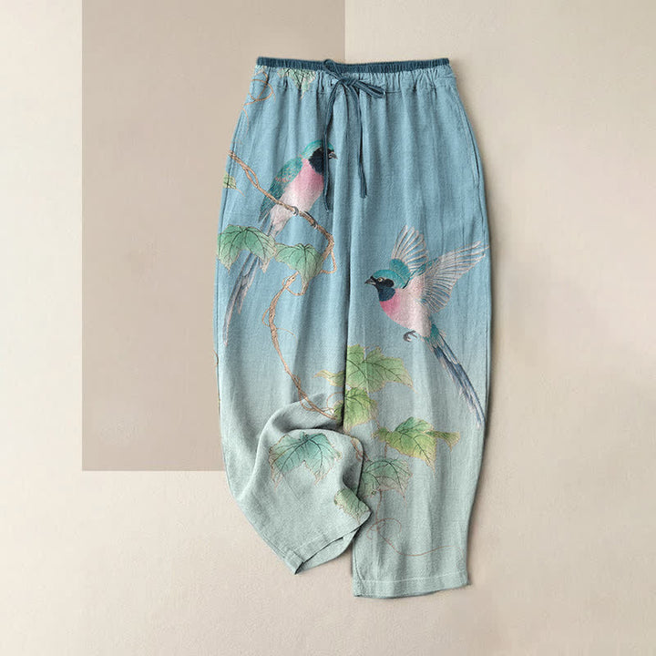 Buddha Stones Pantalon pour femme en pur coton, élégant, à motif de branches d'oiseaux et taille élastique, avec poches - Bleu clair - US16，UK/AU20，EU48 (3XL) - image 0