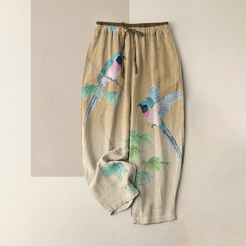 Buddha Stones Pantalon pour femme en pur coton, élégant, à motif de branches d'oiseaux et taille élastique, avec poches - Tanné - US16，UK/AU20，EU48 (3XL) - image 3
