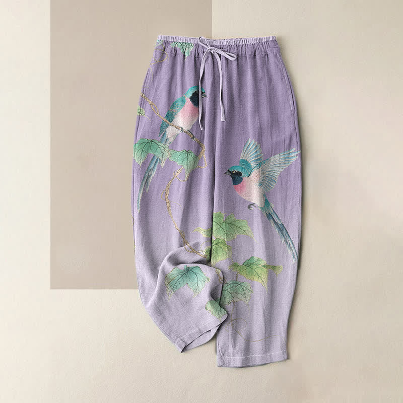 Buddha Stones Pantalon pour femme en pur coton, élégant, à motif de branches d'oiseaux et taille élastique, avec poches - Lavande - US16，UK/AU20，EU48 (3XL) - image 4
