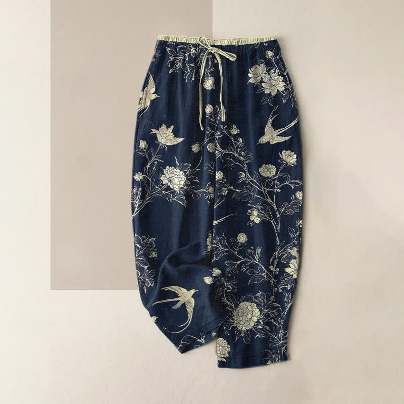 Buddha Stones Pantalon pour femme en pur coton, motif floral floral et oiseaux, taille élastique et poches - Bleu nuit - US16，UK/AU20，EU48 (3XL) - image 0