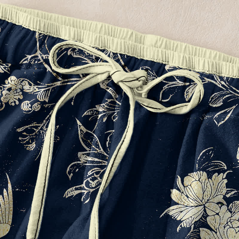 Buddha Stones Pantalon pour femme en pur coton, motif floral floral et oiseaux, taille élastique et poches - image 1