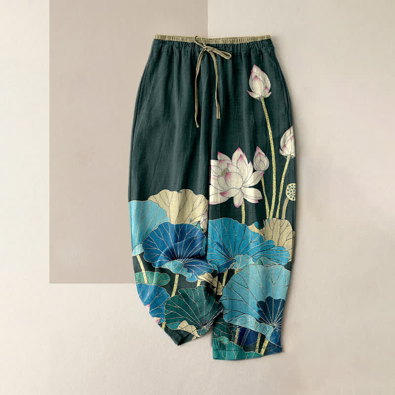 Buddha Stones Pantalon pour femme en pur coton, motif lotus serein, taille élastique et poches - Turquoise - US16，UK/AU20，EU48 (3XL) - image 0