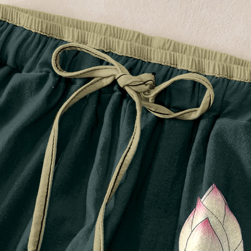 Buddha Stones Pantalon pour femme en pur coton, motif lotus serein, taille élastique et poches - image 1