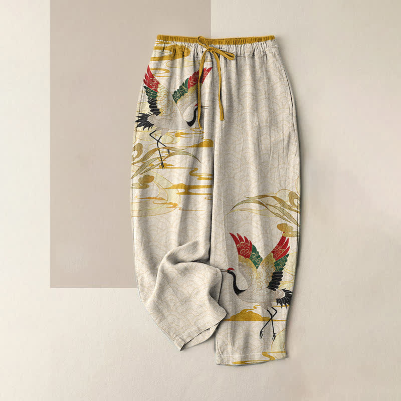 Buddha Stones Pantalon pour femme en pur coton à motif grue et nuage, taille élastique et poches - Beige - US16，UK/AU20，EU48 (3XL) - image 0