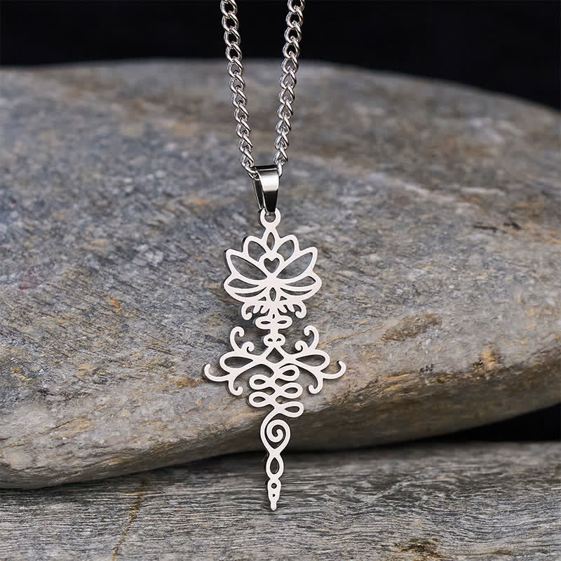 Buddha Stones Collier Lotus moderne en acier titane, symbole de durabilité et d'illumination - Argent - image 0
