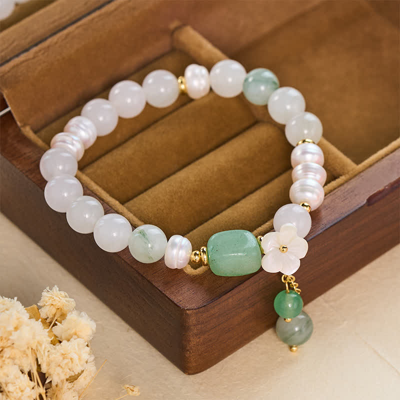 Buddha Stones Bracelet élastique de pureté avec breloque fleur en agate verte et perle d'eau douce - image 3