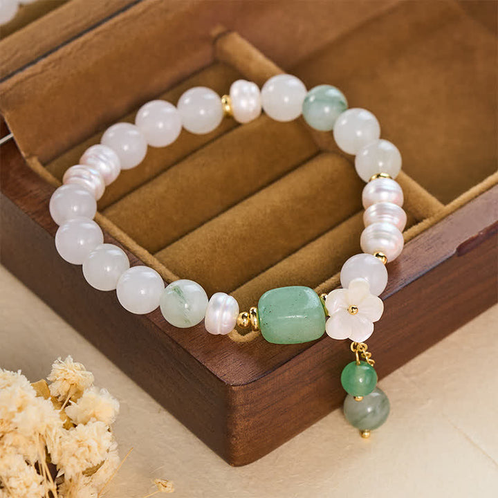 Buddha Stones Bracelet élastique de pureté avec breloque fleur en agate verte et perle d'eau douce - image 3