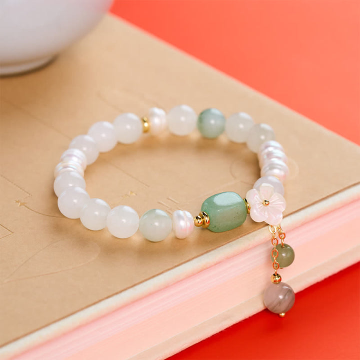 Buddha Stones Bracelet élastique de pureté avec breloque fleur en agate verte et perle d'eau douce - image 2