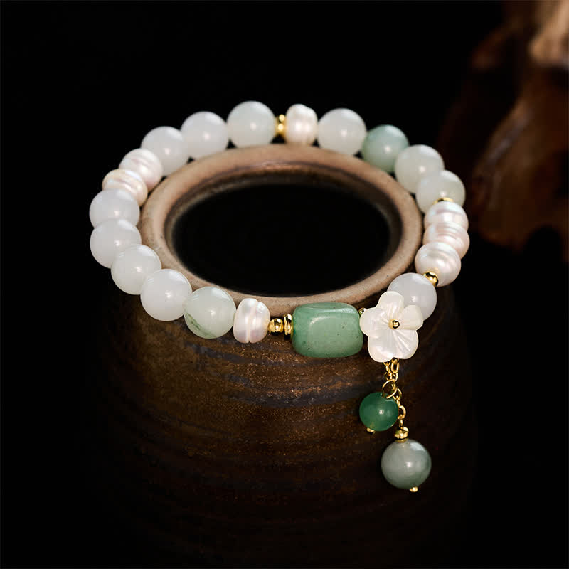 Buddha Stones Bracelet élastique de pureté avec breloque fleur en agate verte et perle d'eau douce - Perle (Guérison ♥ Sagesse) - image 0