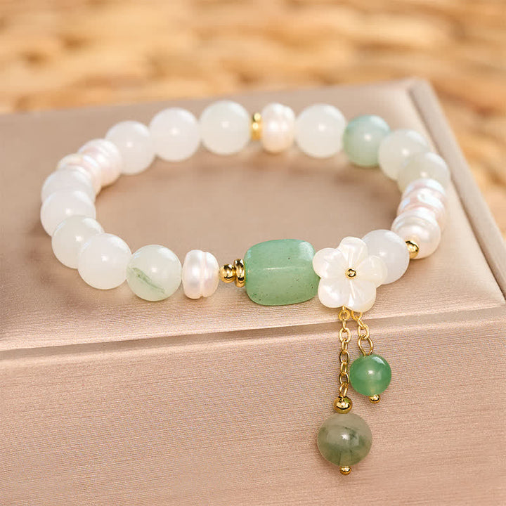 Buddha Stones Bracelet élastique de pureté avec breloque fleur en agate verte et perle d'eau douce - image 4