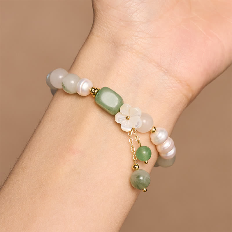 Buddha Stones Bracelet élastique de pureté avec breloque fleur en agate verte et perle d'eau douce - image 8