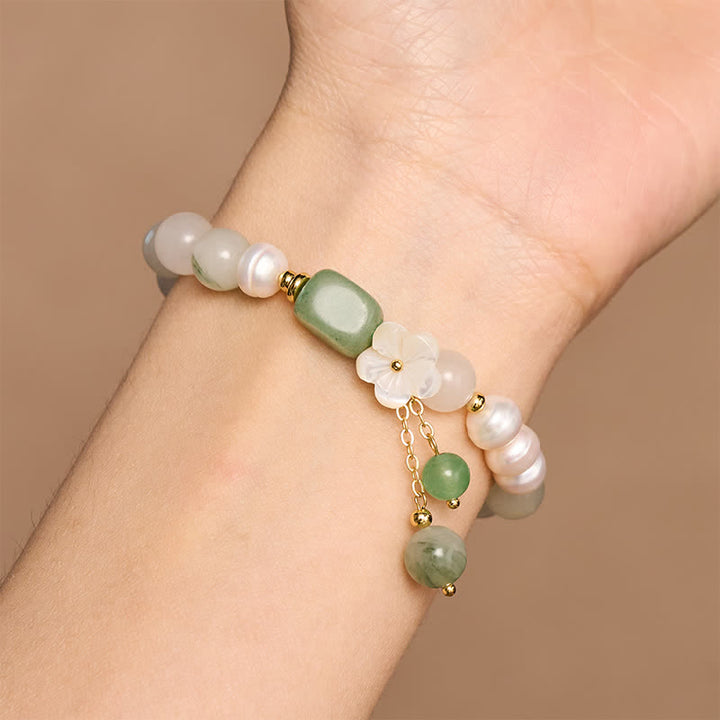Buddha Stones Bracelet élastique de pureté avec breloque fleur en agate verte et perle d'eau douce - image 8