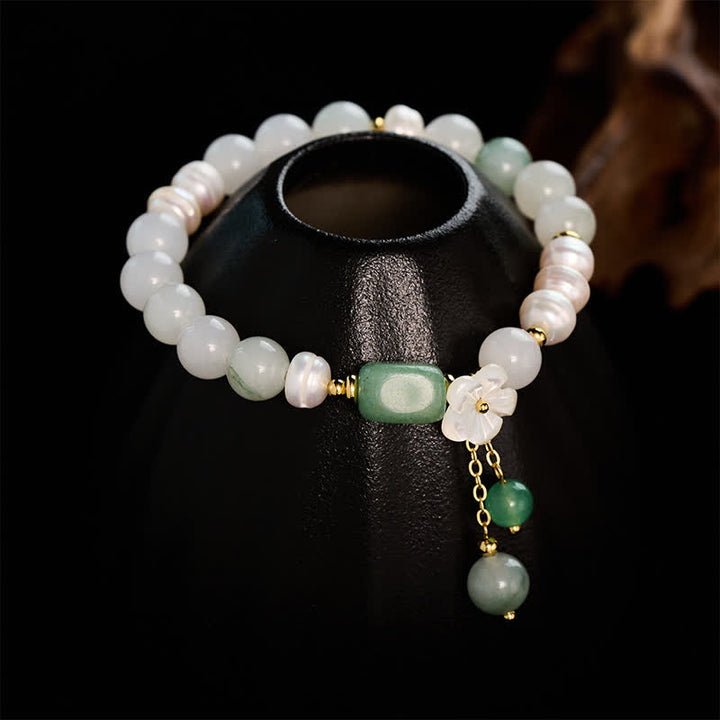 Buddha Stones Bracelet élastique de pureté avec breloque fleur en agate verte et perle d'eau douce - image 1
