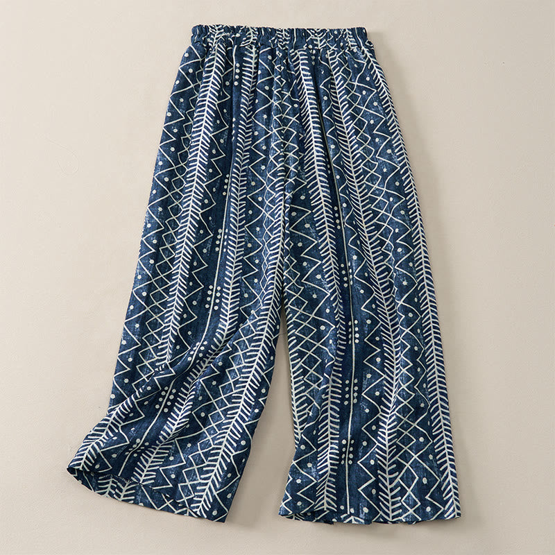 Pantalon large à rayures bleues et imprimé de Buddha Stones, avec poches - image 1