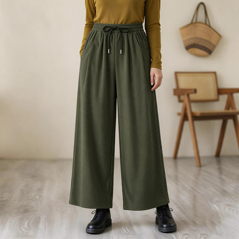 Buddha Stones Pantalon long uni en velours côtelé, coupe droite, style minimaliste, automne-hiver, avec cordon de serrage et poches. - Vert olive foncé - US12, UK/AU16, EU44 (2XL) - image 0