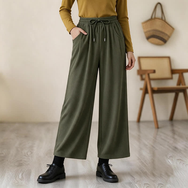 Buddha Stones Pantalon long uni en velours côtelé, coupe droite, style minimaliste, automne-hiver, avec cordon de serrage et poches. - image 1