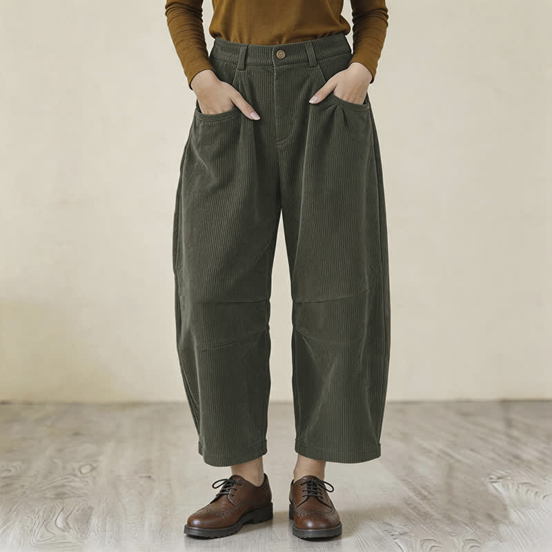 Buddha Stones Pantalon harem femme automne vintage décontracté à boutons et fermeture éclair, en velours côtelé uni, longueur cheville, avec poches - Vert olive foncé - US8-10, UK/AU12-14, EU40-42 (2XL) - image 0