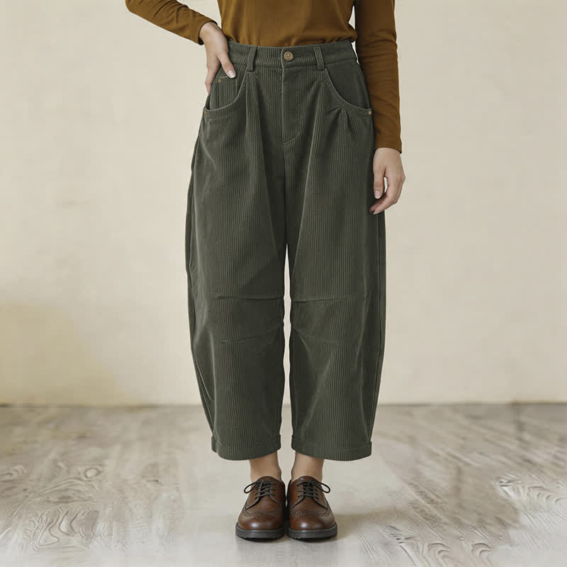 Buddha Stones Pantalon harem femme automne vintage décontracté à boutons et fermeture éclair, en velours côtelé uni, longueur cheville, avec poches - image 1