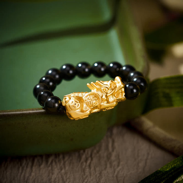Buddha Stones Bague Pi Xiu Mini Extensible en Cuivre et Obsidienne Noire, symbole de force et d'énergie - Taille L : Convient aux tailles américaines 8 à 10 - image 0