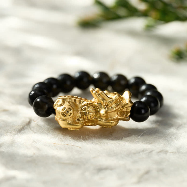 Buddha Stones Bague Pi Xiu Mini Extensible en Cuivre et Obsidienne Noire, symbole de force et d'énergie - image 1