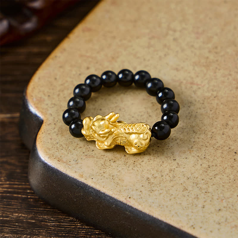Buddha Stones Bague Pi Xiu Mini Extensible en Cuivre et Obsidienne Noire, symbole de force et d'énergie - image 11