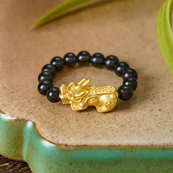 Buddha Stones Bague Pi Xiu Mini Extensible en Cuivre et Obsidienne Noire, symbole de force et d'énergie - image 2