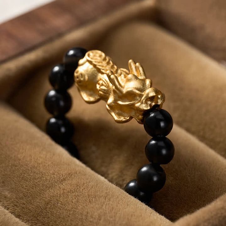 Buddha Stones Bague Pi Xiu Mini Extensible en Cuivre et Obsidienne Noire, symbole de force et d'énergie - image 12