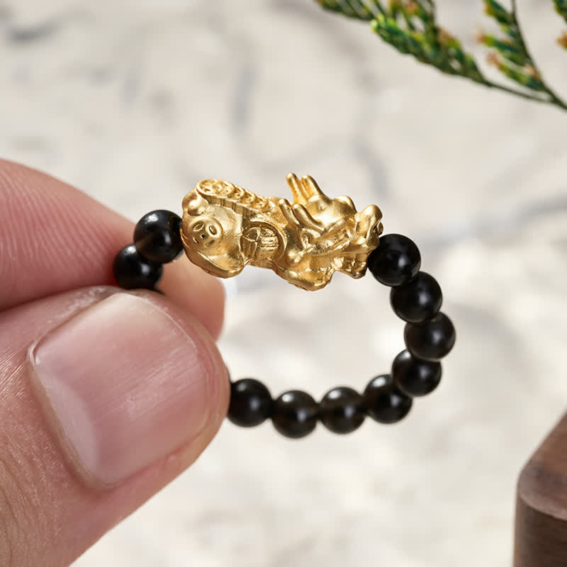 Buddha Stones Bague Pi Xiu Mini Extensible en Cuivre et Obsidienne Noire, symbole de force et d'énergie - image 4