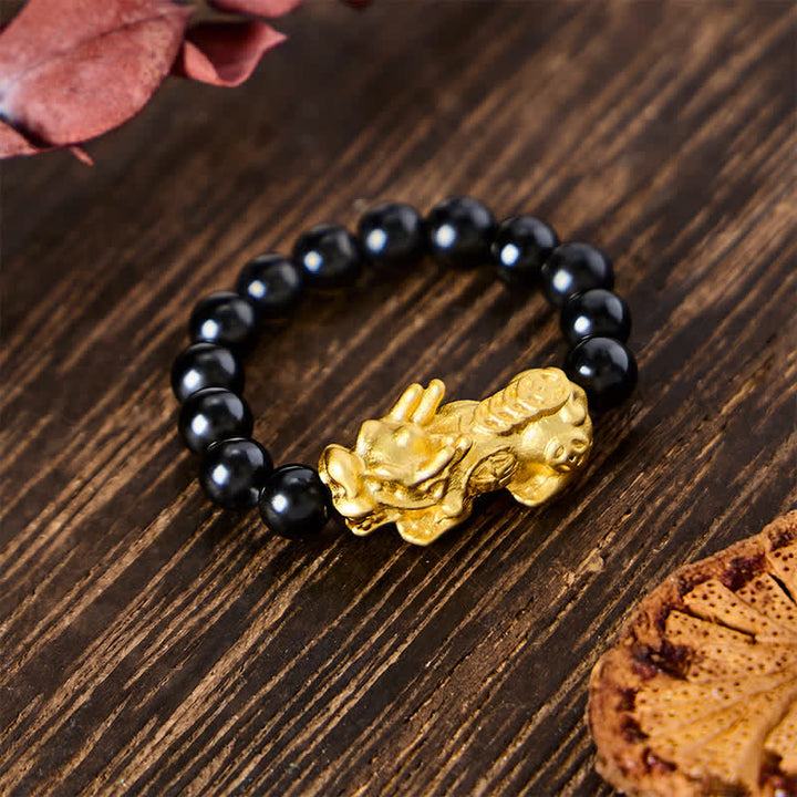 Buddha Stones Bague Pi Xiu Mini Extensible en Cuivre et Obsidienne Noire, symbole de force et d'énergie - image 3