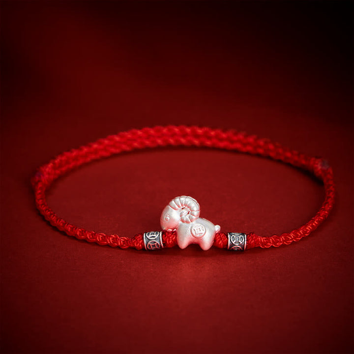 Buddha Stones Bracelet de force en argent sterling 999, année de la Chèvre, motif mouton - Rouge - image 0