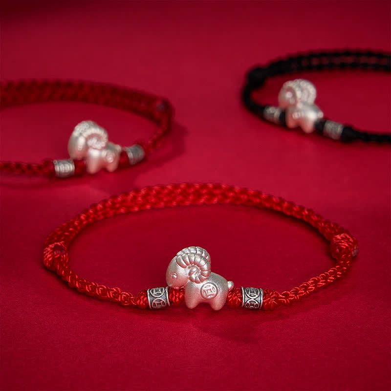 Buddha Stones Bracelet de force en argent sterling 999, année de la Chèvre, motif mouton - image 4