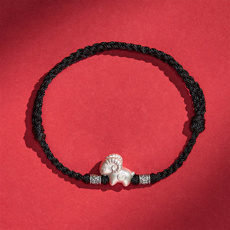 Buddha Stones Bracelet de force en argent sterling 999, année de la Chèvre, motif mouton - Noir - image 12