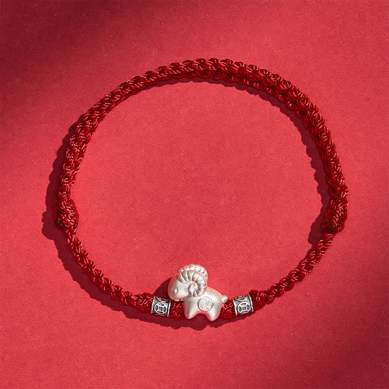 Buddha Stones Bracelet de force en argent sterling 999, année de la Chèvre, motif mouton - Rouge foncé - image 8
