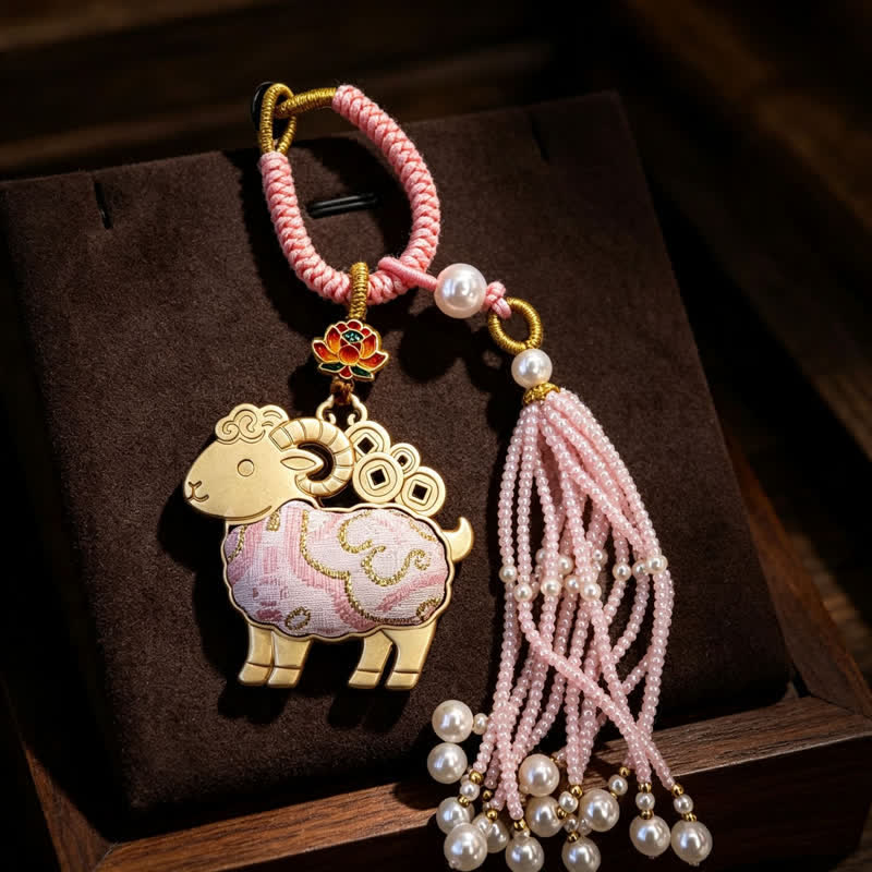 Buddha Stones Porte-clés pureté en brocart Song, lotus, chèvre, perle et pompon - Rose - image 3