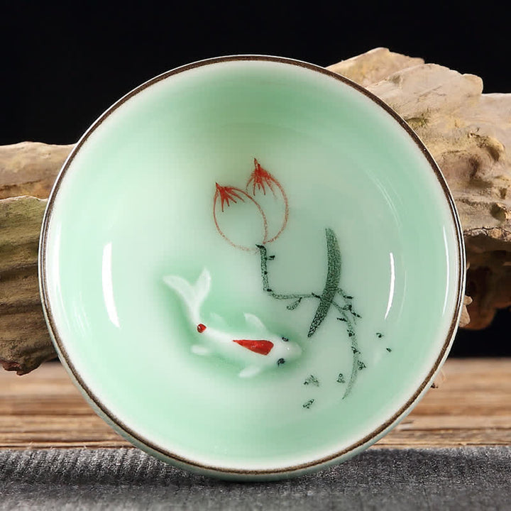 Buddha Stones Tasse à thé en céramique peinte à la main avec motif de carpes koï et de lotus, symbole de prospérité - Deux Lotus - image 1