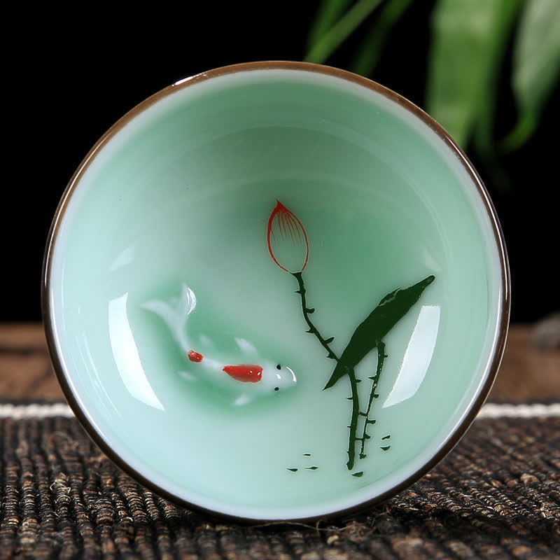 Buddha Stones Tasse à thé en céramique peinte à la main avec motif de carpes koï et de lotus, symbole de prospérité - Un lotus - image 3