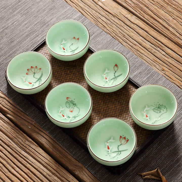 Buddha Stones Tasse à thé en céramique peinte à la main avec motif de carpes koï et de lotus, symbole de prospérité - image 9
