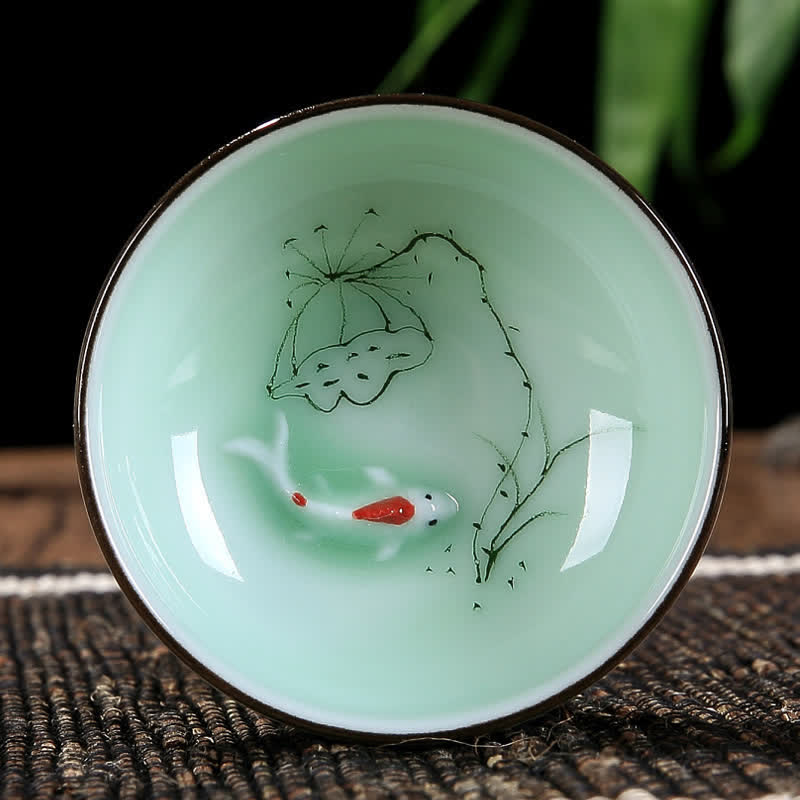 Buddha Stones Tasse à thé en céramique peinte à la main avec motif de carpes koï et de lotus, symbole de prospérité - Gousse de lotus - image 5